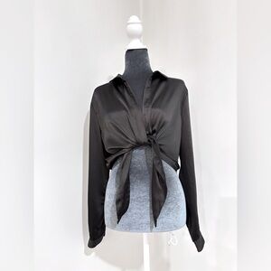 Nasty Gal Collection Black Satin Tie Front Blouse Size 0